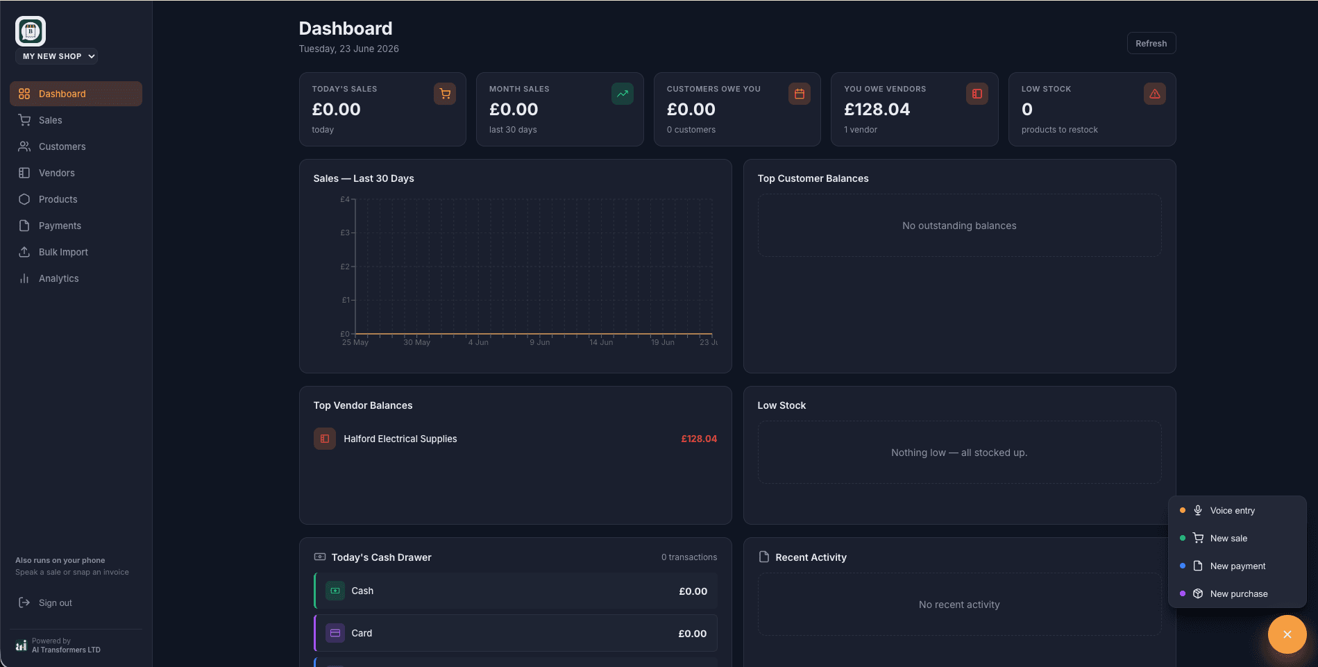 The Bill web dashboard — sales, vendors, low stock and recent activity for a UK shop.