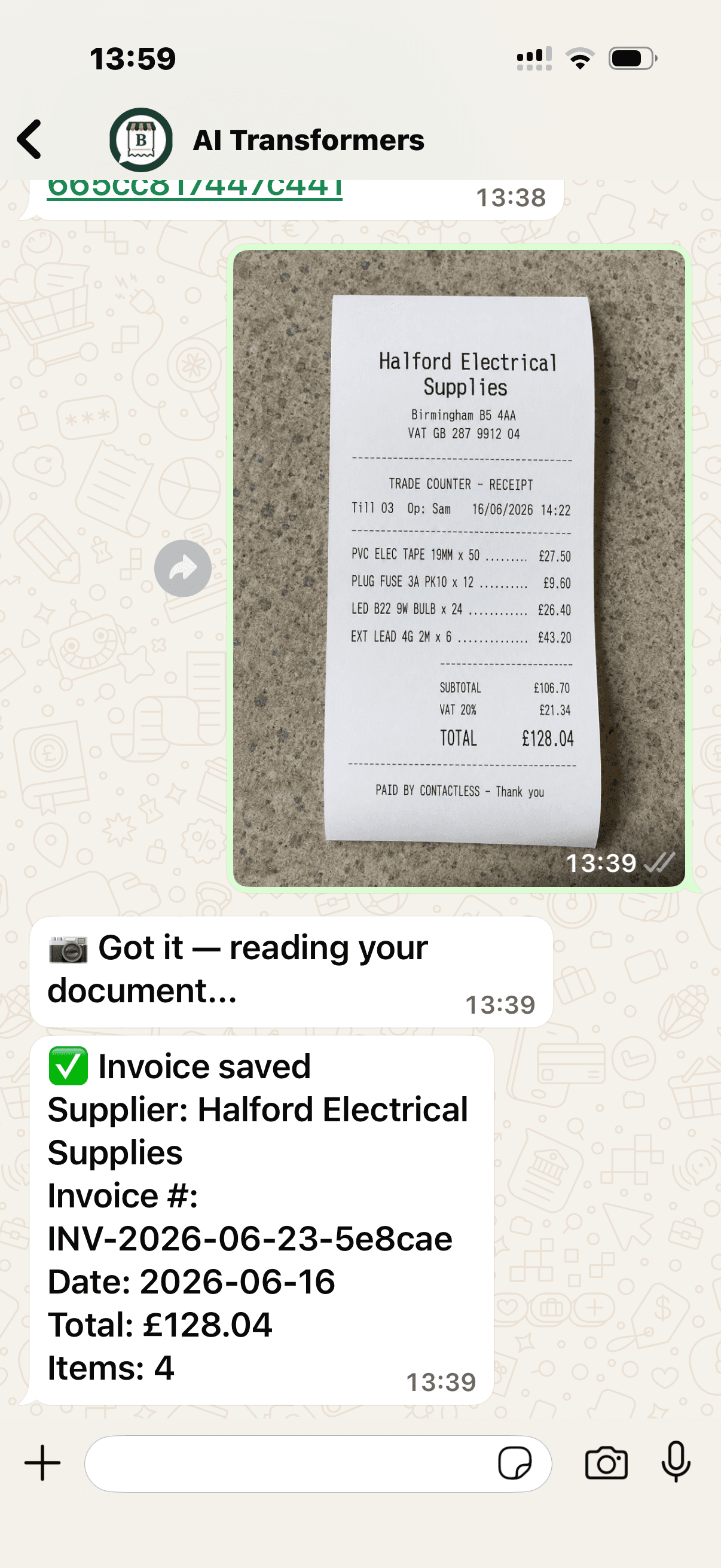 WhatsApp chat: photograph an invoice and Bill reads it — £128.04 from Halford Electrical Supplies.