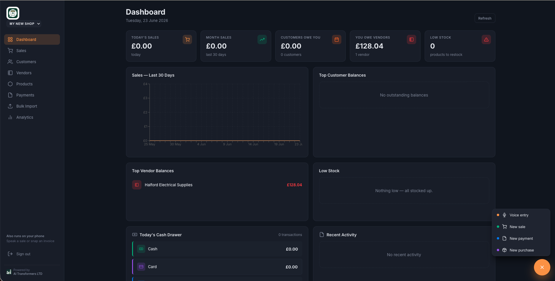The Bill web dashboard — sales, vendors, low stock and recent activity for a UK shop.