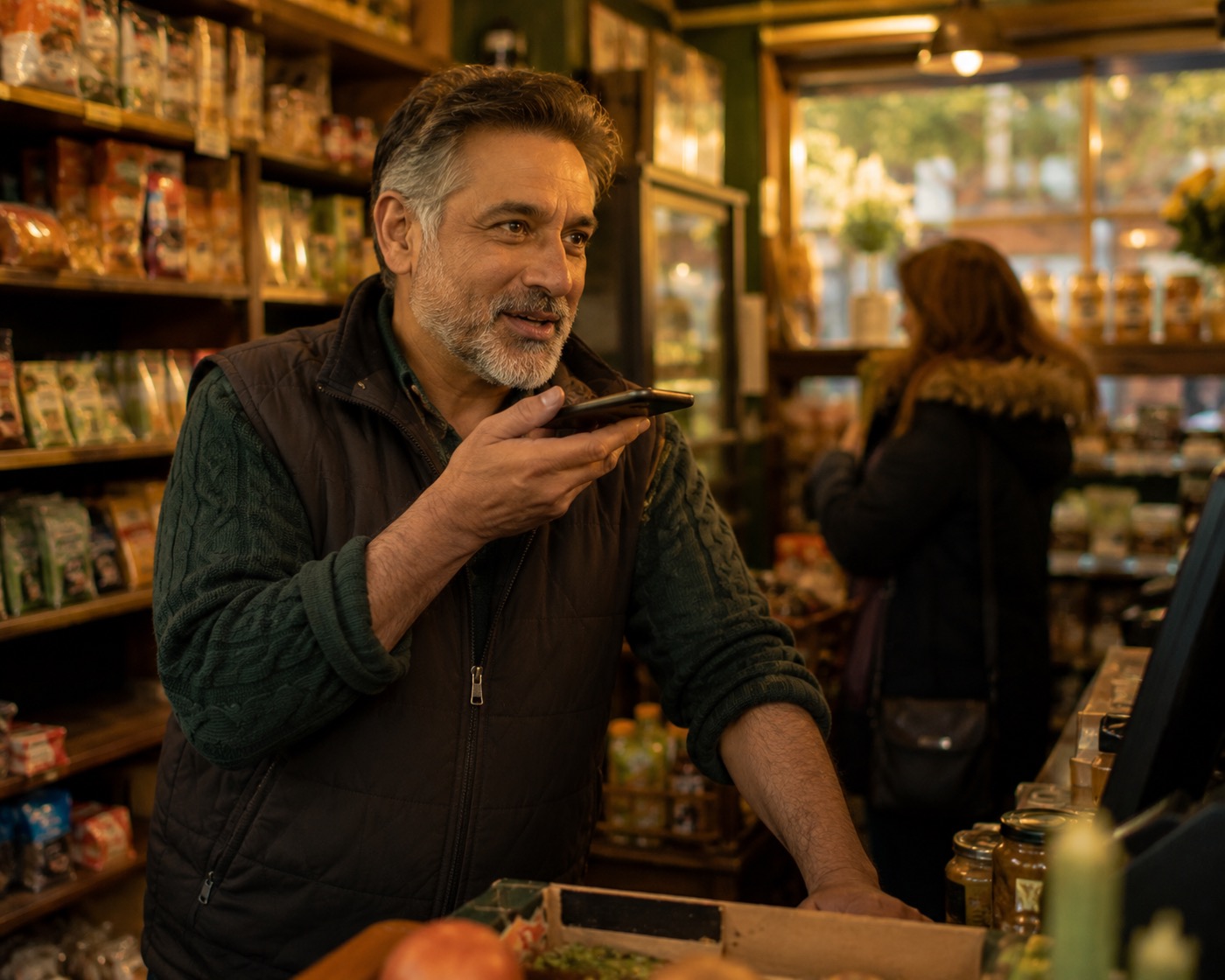 A shopkeeper behind the counter of a small UK shop speaking into their phone between customers