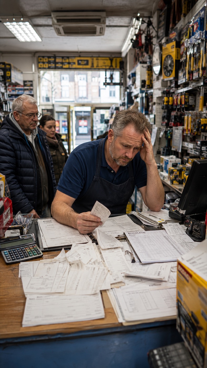A shopkeeper at his counter with his head in his hand, buried in paper receipts and invoices, while customers wait
