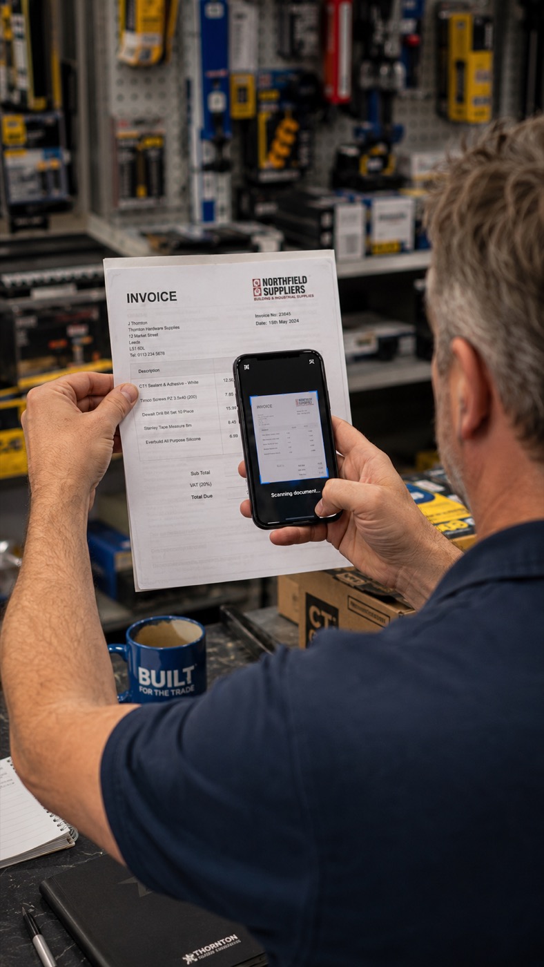 A shop owner photographs a supplier invoice with his phone