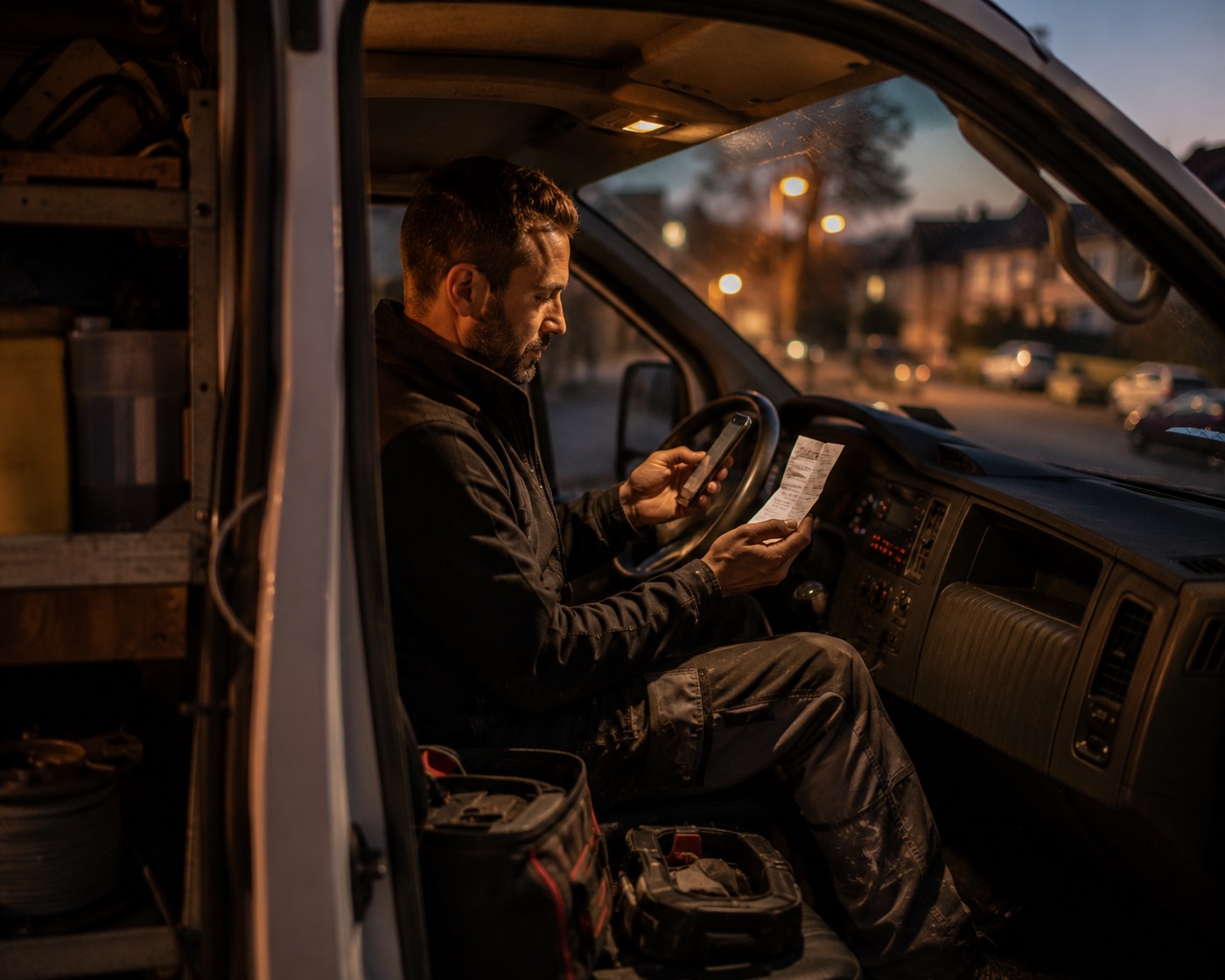 A tradesperson in his van at dusk, photographing a paper receipt with his phone