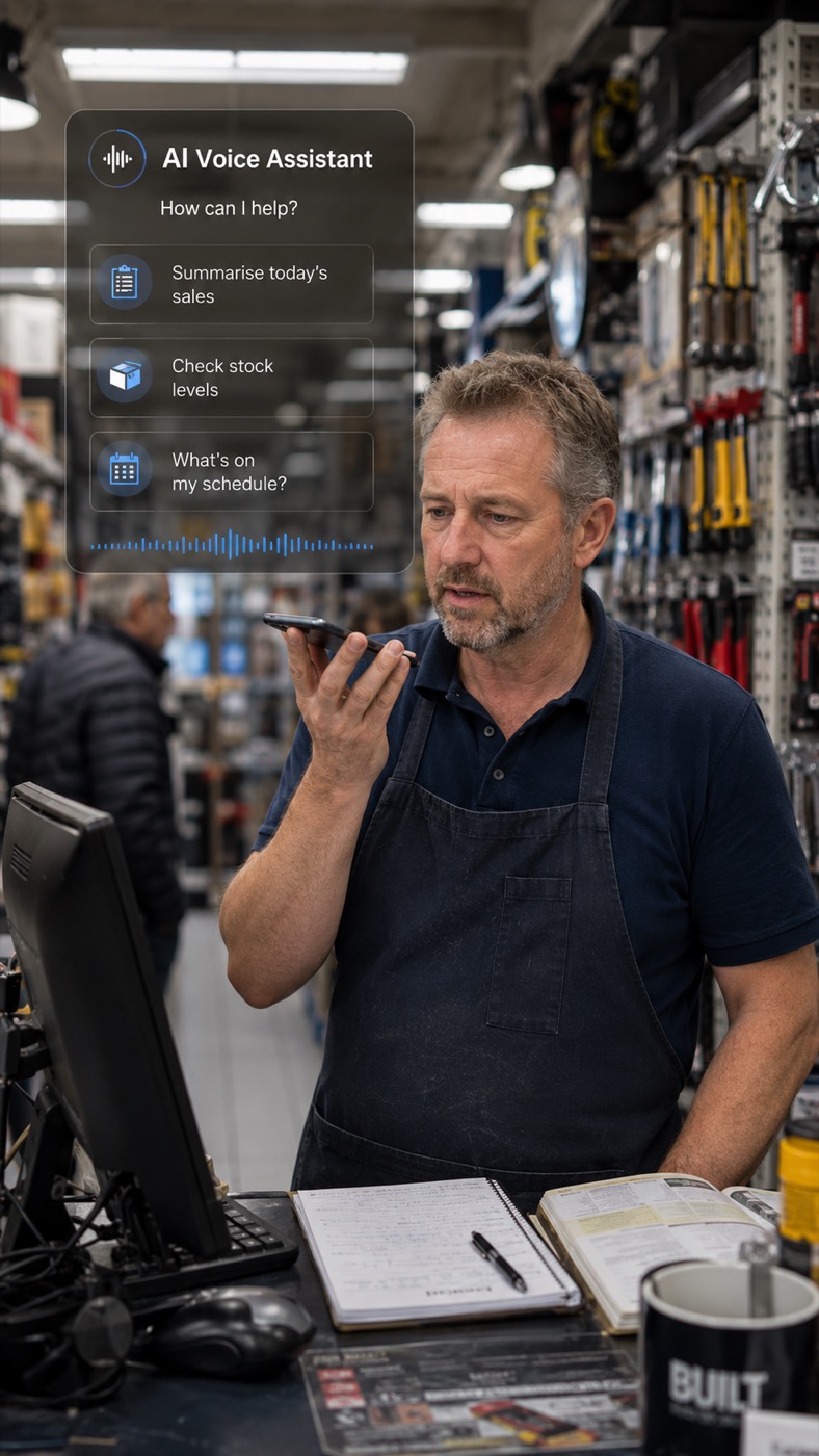 A shopkeeper speaks into his phone at the counter — summarise today's sales, check stock levels