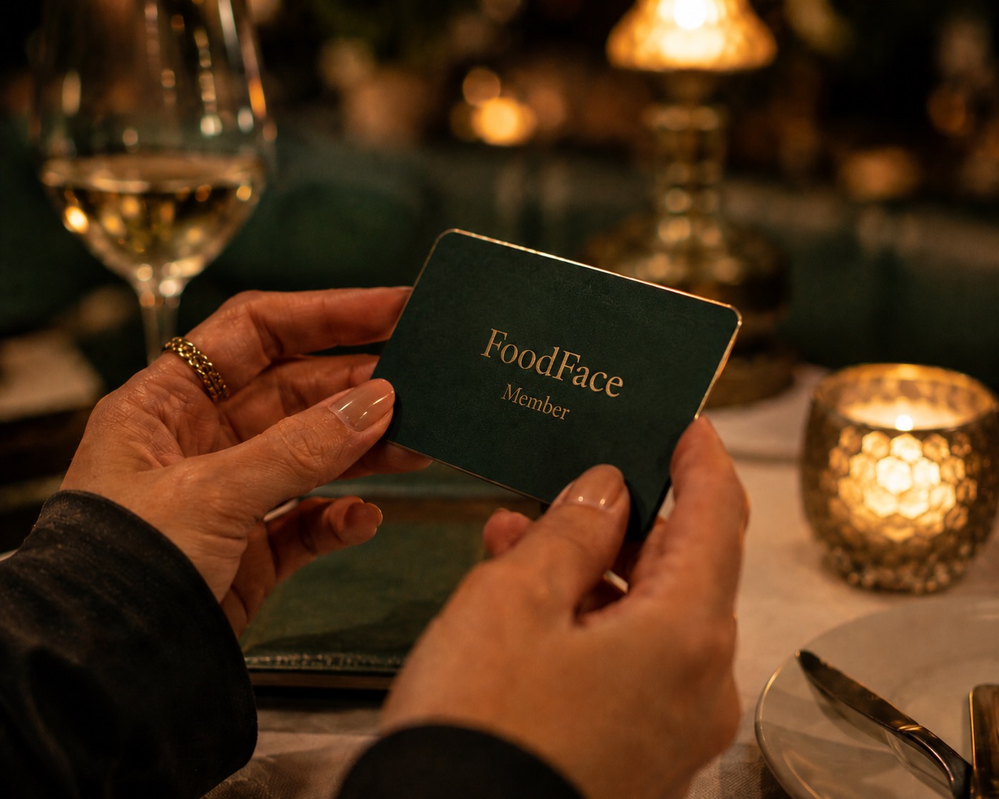 A guest holds a dark green membership card with a gold edge at a candlelit table