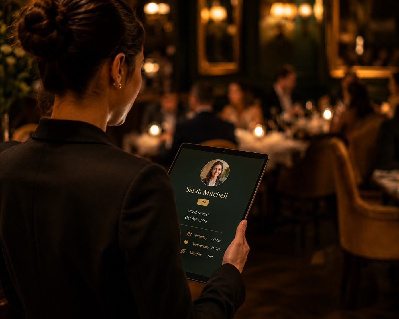 A host glances at a softly glowing tablet in a busy candlelit restaurant