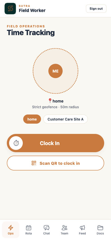 Sutra GPS clock-in screen on phone — geofence boundary and clock-in button