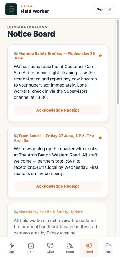 Sutra notice board on phone — morning safety briefing with acknowledge button