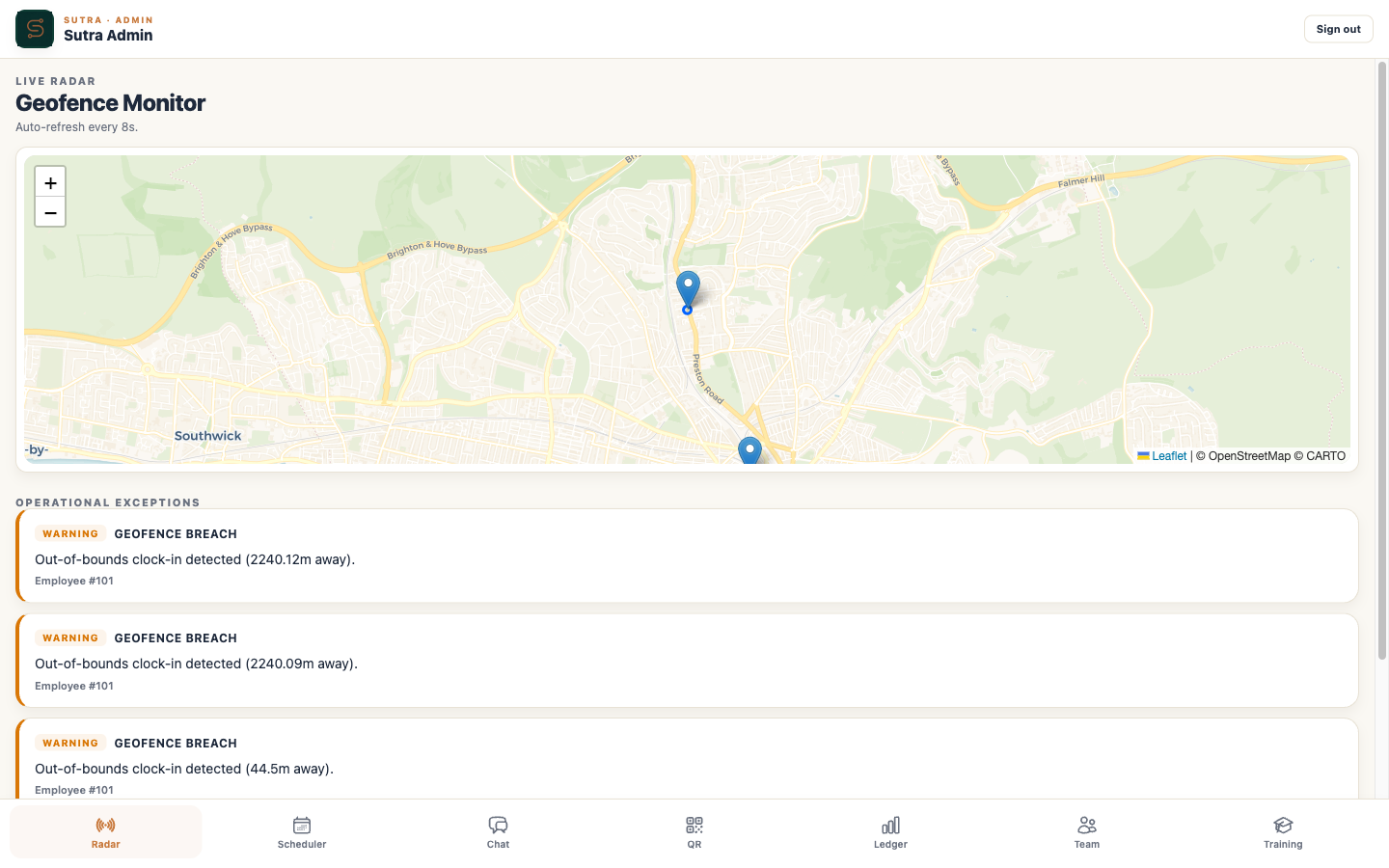 Sutra admin geofence radar showing live worker positions