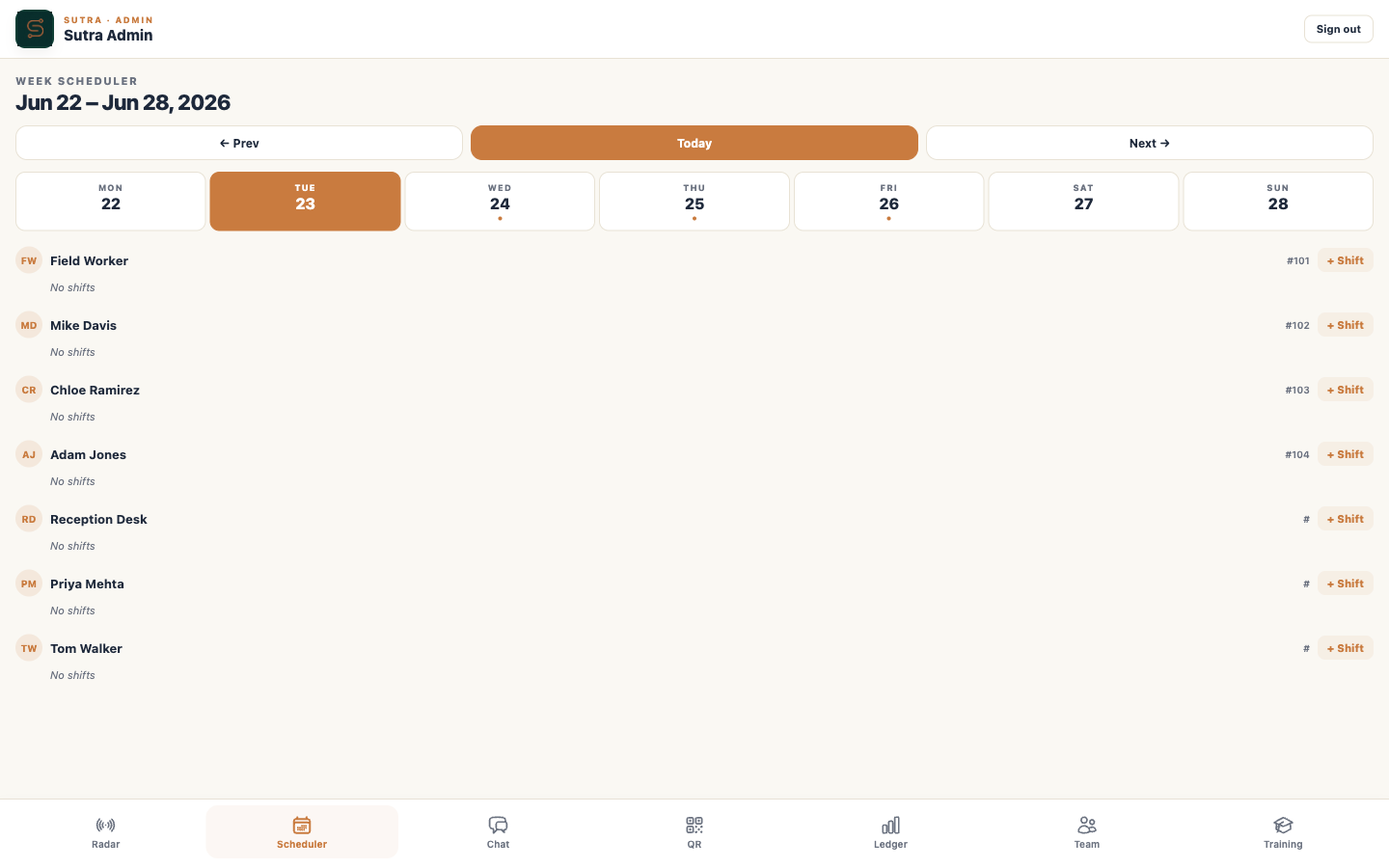 Sutra admin week scheduler showing team roster