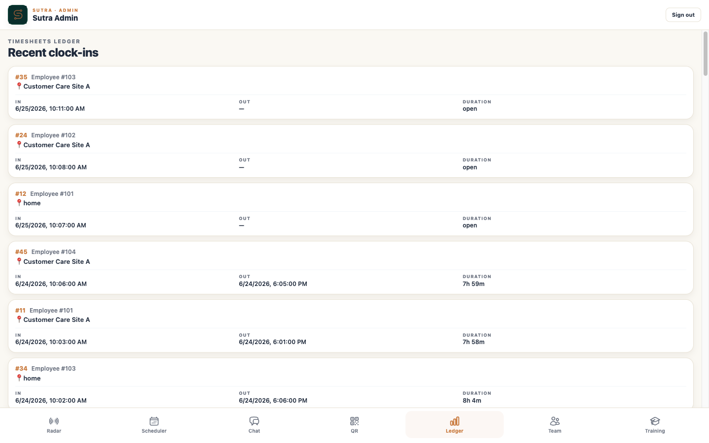 Sutra timesheets ledger showing recent clock-ins with durations across the team