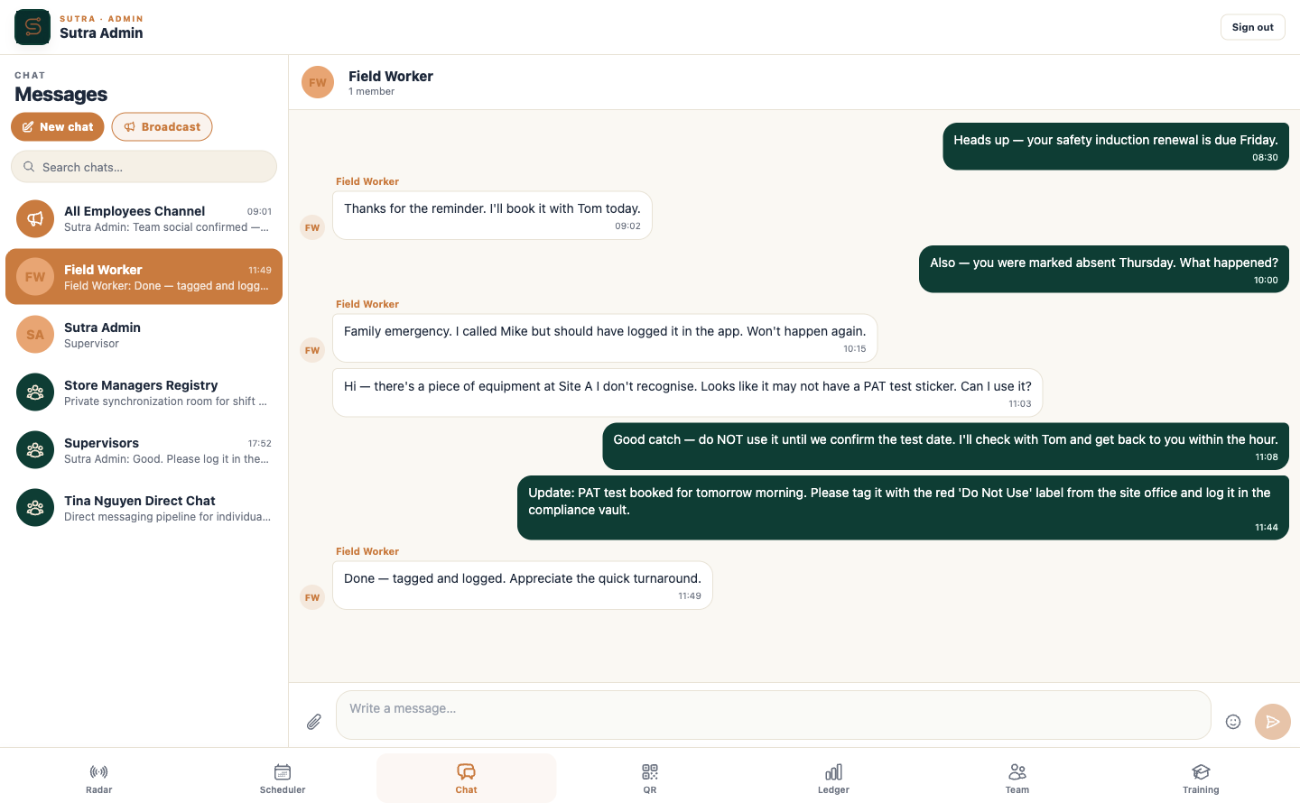 Sutra admin chat — equipment safety query and supervisor resolution